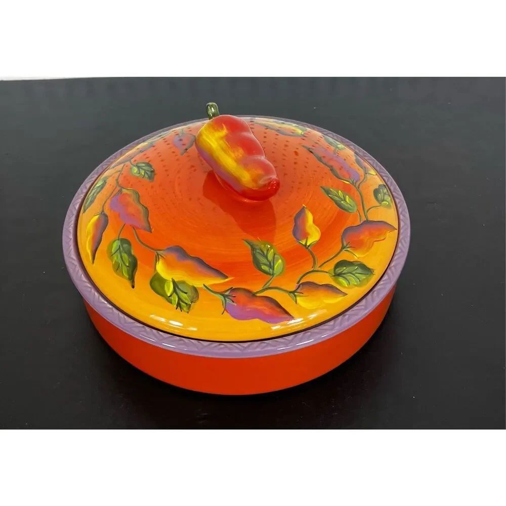 Clay Art Hand Painted Chili Fiesta Ceramic Tortilla Warmer Dish with Lid 9.75" D